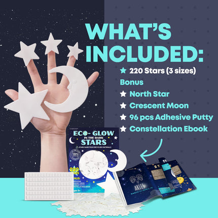Glow in the Dark Ceiling Stars for Kids Room – 220pcs Glow Stars for Ceiling Made from Recycled Materials with Moon, North Star & Constellation E-Book | LUMOSX