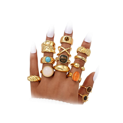 Gold Stackable Rings Set for Women, Gold Plated Chunky Crystal Finger Rings