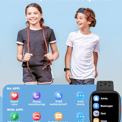 BIGGERFIVE Smart Watch for Kids, 1.8" Fitness Tracker Watch Pedometer, Heart Rate, Sleep Monitor, IP68 Waterproof, Calorie Step Counter, Puzzle Games with/Without APP for Girls Boys Teens 5-16, Black