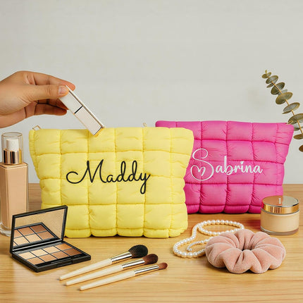 Personalized Quilted Nylon Makeup Bag, Custom Stylish Embroidered Name Cosmetic Pouch, Bridesmaid Gift, Portable Cute Travel Toiletry Bag for Women Girls, Organizer Storage for Travel, Gift for Her