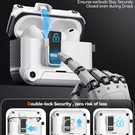 Dual Safety Lock for AirPods Pro 3 Case 2025, Compatible with MagSafe - Designed with Automatic Switch and Phone Stand, Includes a Cleaner & Keychain - Rugged Tough Hard Shell, White