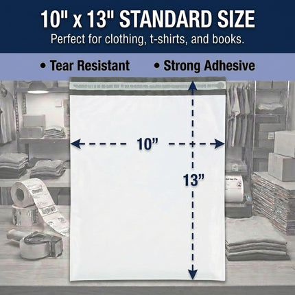 Shipping Bags 10" x 13" (100-Pack) White - Heavy Duty Self-Adhesive Envelope Poly Mailers for Packing, Secure Shipping, & Small Business Mailing