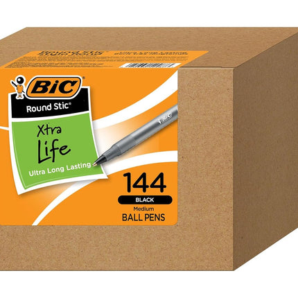 BIC Round Stic Xtra Life Ballpoint Pen, Ultra Long Lasting and Consistent Performance, 144-Count in Black Ink