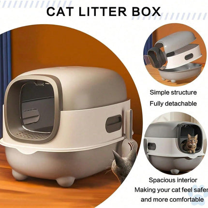 Foldable Cats Litter Box for Home, Enclosed Cats Litter Box with Lid and Scoop, Large Size Anti-Splashing Easy to-Clean, Front Entry and Exit (Grey)