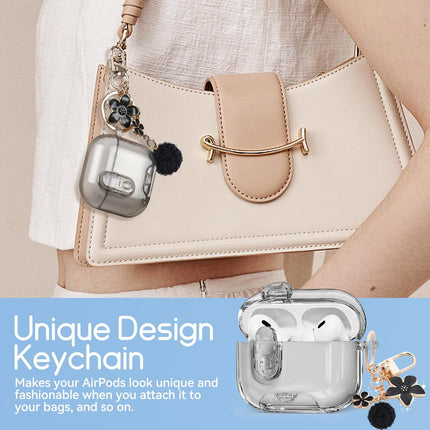 Clear Case for Airpods Pro 2 Case Cover with Safety Lock,Soft TPU Cover with Phone Stand & Cleaning Kit,Cute Bling Keychain for Women Girls-Clear Black