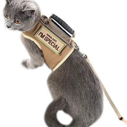 Tactical Cat Harness and Leash for Walking Escape Proof, Adjustable Cat Walking Jackets, Padded Stylish Cat Vest, Khaki, Large