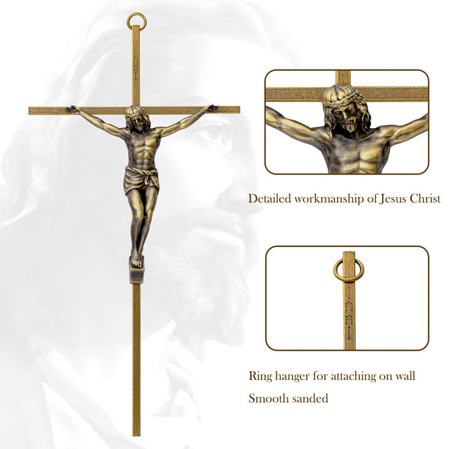 Crucifix Wall Cross, Metal Vintage Wall Hanging Cross,10inch Antique Brass Jesus Crucifix Home Décor