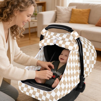 DILIMI Car Seat Covers for Babies, Muslin Cotton Baby Car Seat Cover with Breathable Mesh Window, Summer Infant Car Seat Canopy for Boys Girls Newborn, Brown Plaid