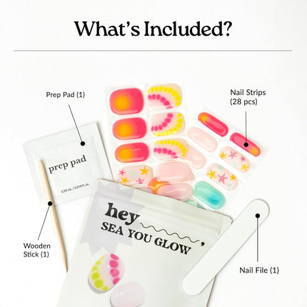 Heyhae Semi Cured Gel Nail Strips | No LED Lamp Needed |Neon, Ombre | Easy Apply & Remove, Salon Quality | Includes 28 Strips, 2 Prep Pads, Nail File & Wooden Stick - Hey, Sea You Glow