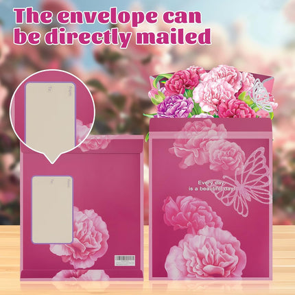 Airpark Pop Up Flower Card, 3D Paper Flowers Bouquet, Birthday, Thank You, Get Well Greeting Cards with Note Card & Envelope, Carnations