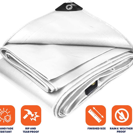 Tarpco Safety Extra Heavy Duty 14 Mil Tarp Cover, Waterproof, UV Resistant, Rip and Tear Proof, Poly Tarpaulin with Reinforced Edges for Roof, Camping, Patio, Pool, Boat (White 12′ X 16′)