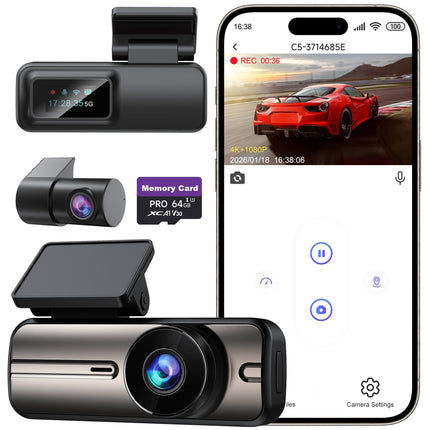 Dash Cam Front and Rear 4K+1080P, 5GHz WiFi, App Control, with 64GB Card