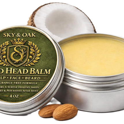 Bald Head Balm for Men – All-in-One Daily Care for Scalp, Face & Beard – Fragrance Free Balm with Jojoba, Sweet Almond, Coconut Oil, Vitamin E & Shea Butter – 4 oz