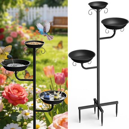 Pawaboo Bird Bath for Outside, 47in Metal Freestanding Birdbaths & Birdfeeder, Bird Feeder Bowl and 2 Birds Bath Bowls, 5-Pronged Base Birds Baths Feeder Stand