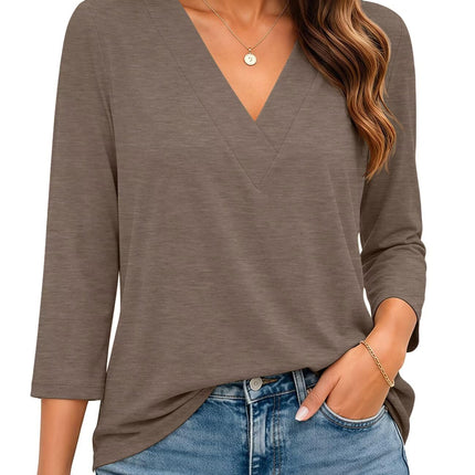 Womens 3/4 Sleeve V Neck Tops Loose Fit T Shirts Casual Blouses