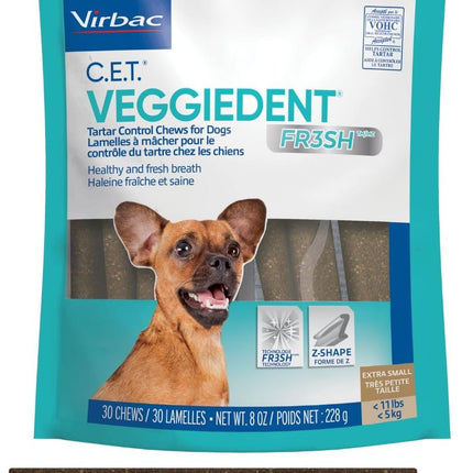 Virbac C.E.T.® VEGGIEDENT® FR3SH® Tartar Control Chews for Dogs with digestive health support, VOHC Approved, Extra Small <11lbs