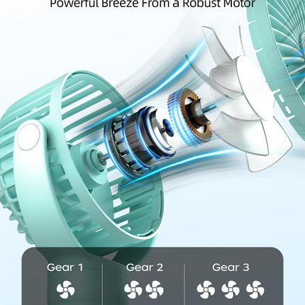 Portable Stroller Mini Fan, Small Rechargeable Personal Fan, Travel Essentials for Baby, Wagon, Car Seat, Treadmill, Battery Powered Biking Gear Accessories, 360° Rotation, 3-Speed, Display, Aqua