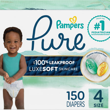 Pampers Pure Baby Diapers, Size 4 (22-37 lbs), 150, Up to 100% Leakproof, Premium Hypoallergenic Soft Diapers