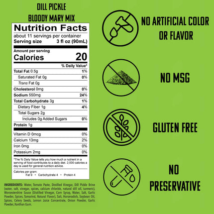 Dill Pickle Bloody Mary Mix - Made With All Premium Natural Ingredients - No Artificial Color or Flavor - No Preservative, No MSG, Low Carb, Low Calorie, & Gluten Free - 32 Oz (Pack of 2)