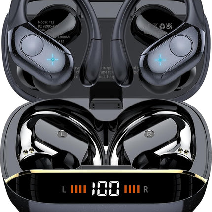 Qecnato Wireless Earbuds Bluetooth 5.4 Headphones 75H Stereo Deep Bass Sports Over Ear Buds with Earhooks, LED Display Bluetooth Earbuds with 4 ENC Mic, IP7 Waterproof Earphone for Running