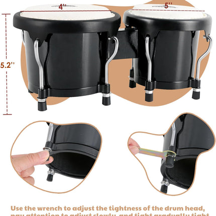 EASTROCK Bongo Drum 4” and 5” Bongos Set for Adults Beginners Professionals Tunable Wood Hand Drum Percussion Instruments With Tuning Wrench (Black)