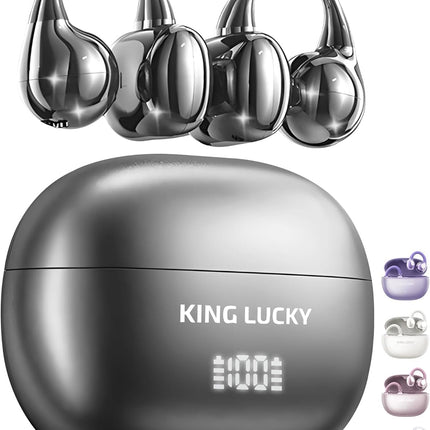 King Lucky Clip-On Earbuds Gen 3, Open-Ear Wireless Bluetooth 6.0 Headphones with Mic, Secure Fit for Small Ears & Glasses Wearers, 50H Playtime, LED Digital Display, ENC, IPX5 Waterproof(Balck)