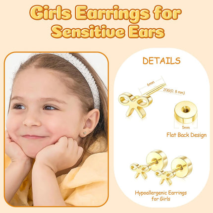 Hypoallergenic Earrings for Girls Women, 14k Gold Toddler Screw Back Earrings for Kids Baby Lightweight Surgical Stainless Steel Flower Bow Pink Heart Star CZ Flat Back Stud Earring for Sensitive Ears