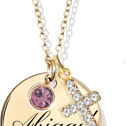 MignonandMignon Cross Necklace for Women Personalized with Name Birthstone | Baptism First Communion Confirmation Gift | Christian Jewelry Gift for Mom Grandma Mothers Day