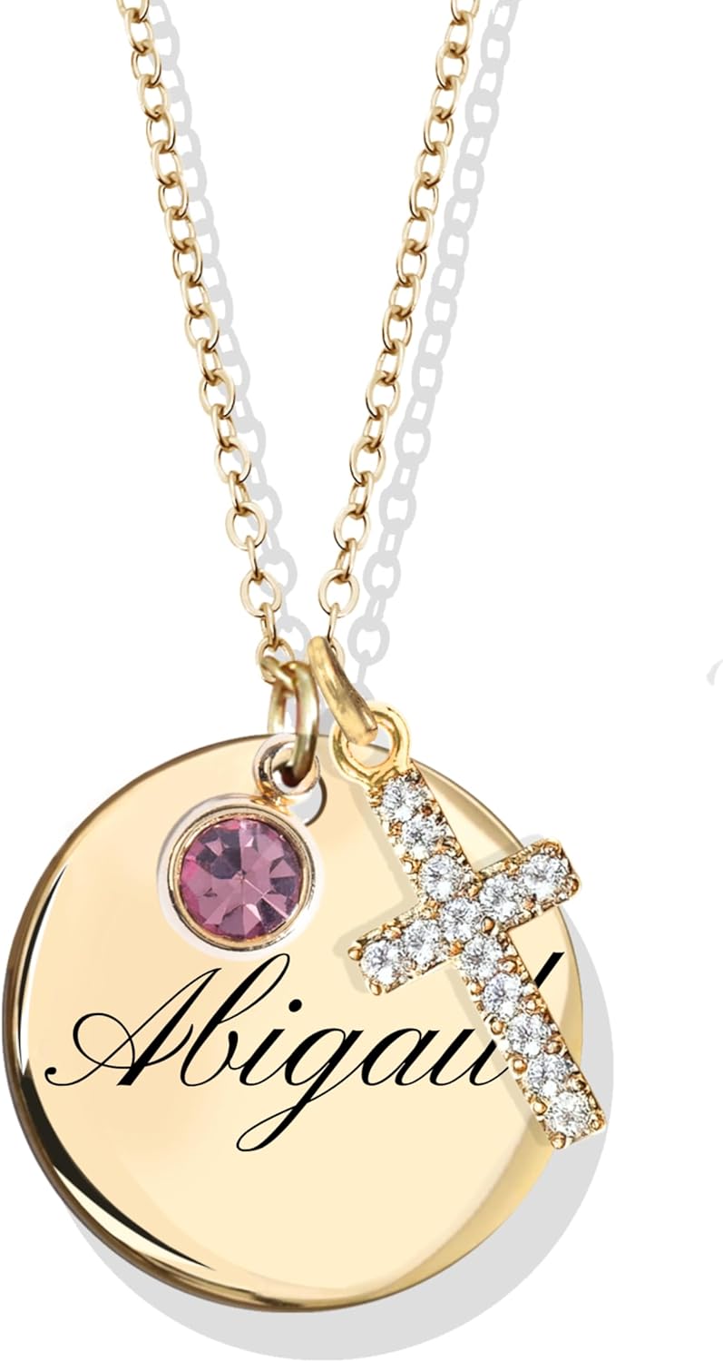 Personalized Name Birthstone Cross Necklace for Women
