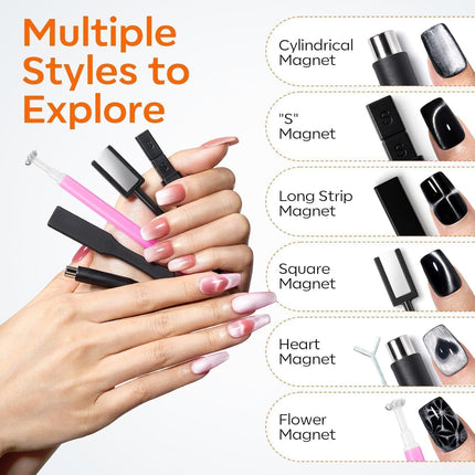 modelones Cat Eye Magnet Set, 15PCS French Cateye Gel Nail Polish Magnet Nail Art Tools Set Heart Magnet for Cat Eye Magnet Square Round Magnet Stick Diverse Glassy Cateye Effect for Women