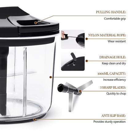 Manual Food Processor Large Vegetable Chopper, 1000ML Pull String Chopper Garlic Mincer Onion Cutter for Veggies,Salad,Fruits, Nuts, BPA Free, Black