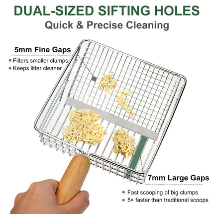 Pala para arena de gato con soporte, cernidor resistente, pala de acero inoxidable, mango de madera de haya y base lavable, para limpiar el arenero