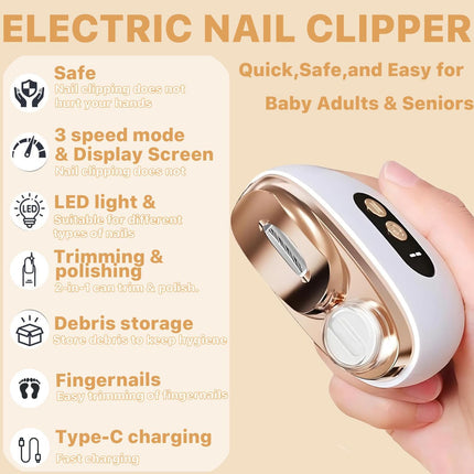 Electric Nail Clipper, Electric Nail Clippers for Seniors, 2026 3 in 1 Electric Automatic Nail Clipper for Adults，Kids with Polishing and 3 Speeds (White)