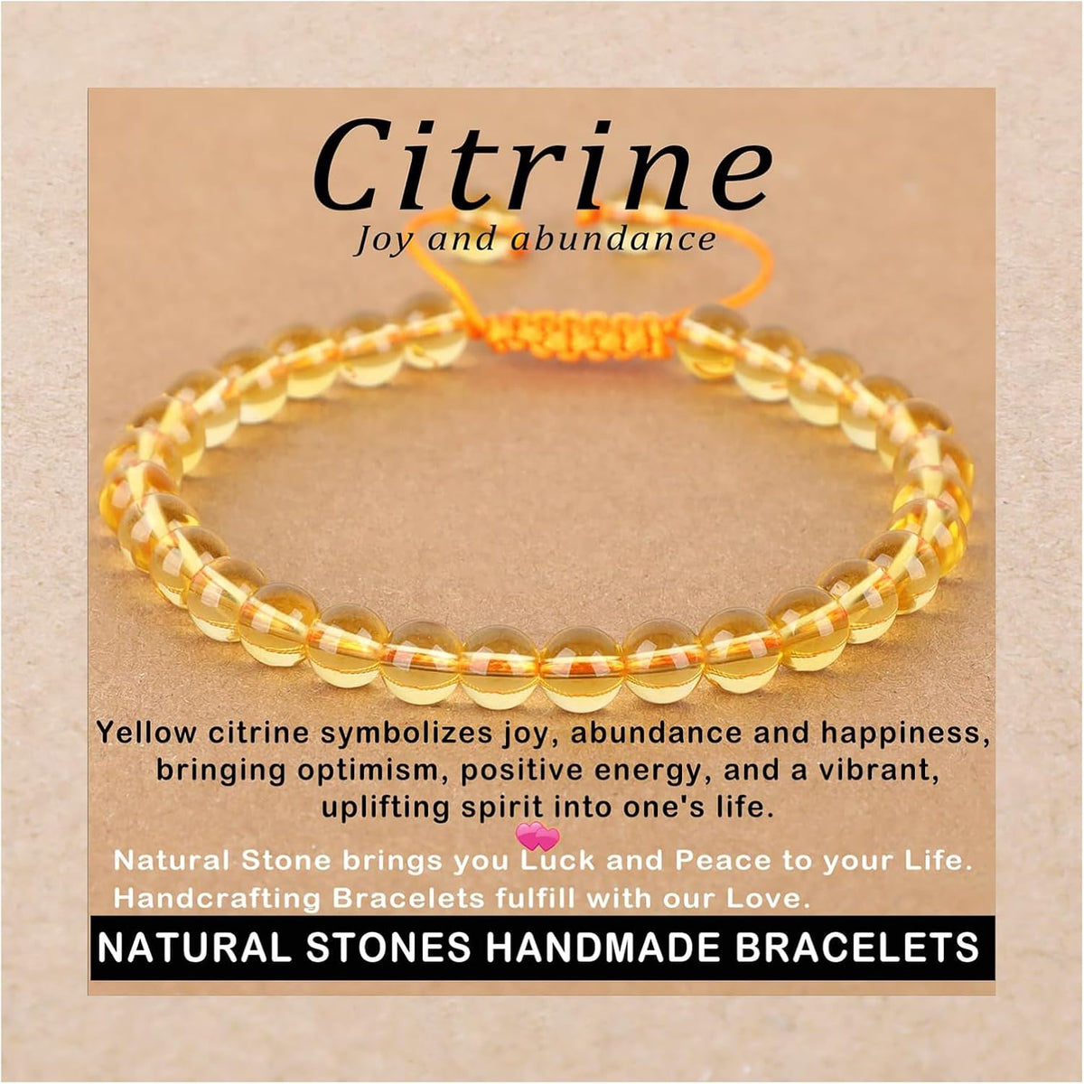 6mm Citrine Natural Stone Bracelet with Adjustable Macrame String