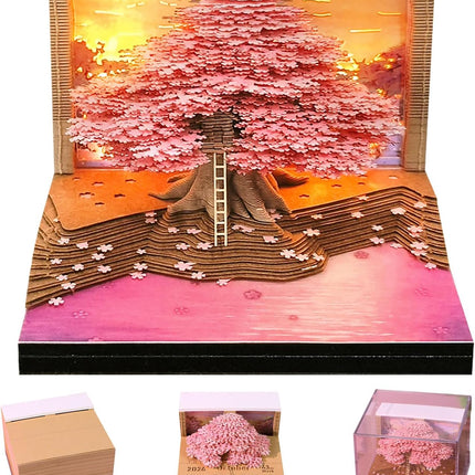 3D Memo Pad Time Piece Calendar 2026,3D Art Calendar 2026 Cherry Blossom Tree Rip Away Calendar Notes for Record, Bookmark, Gift & Decorative Office Decor