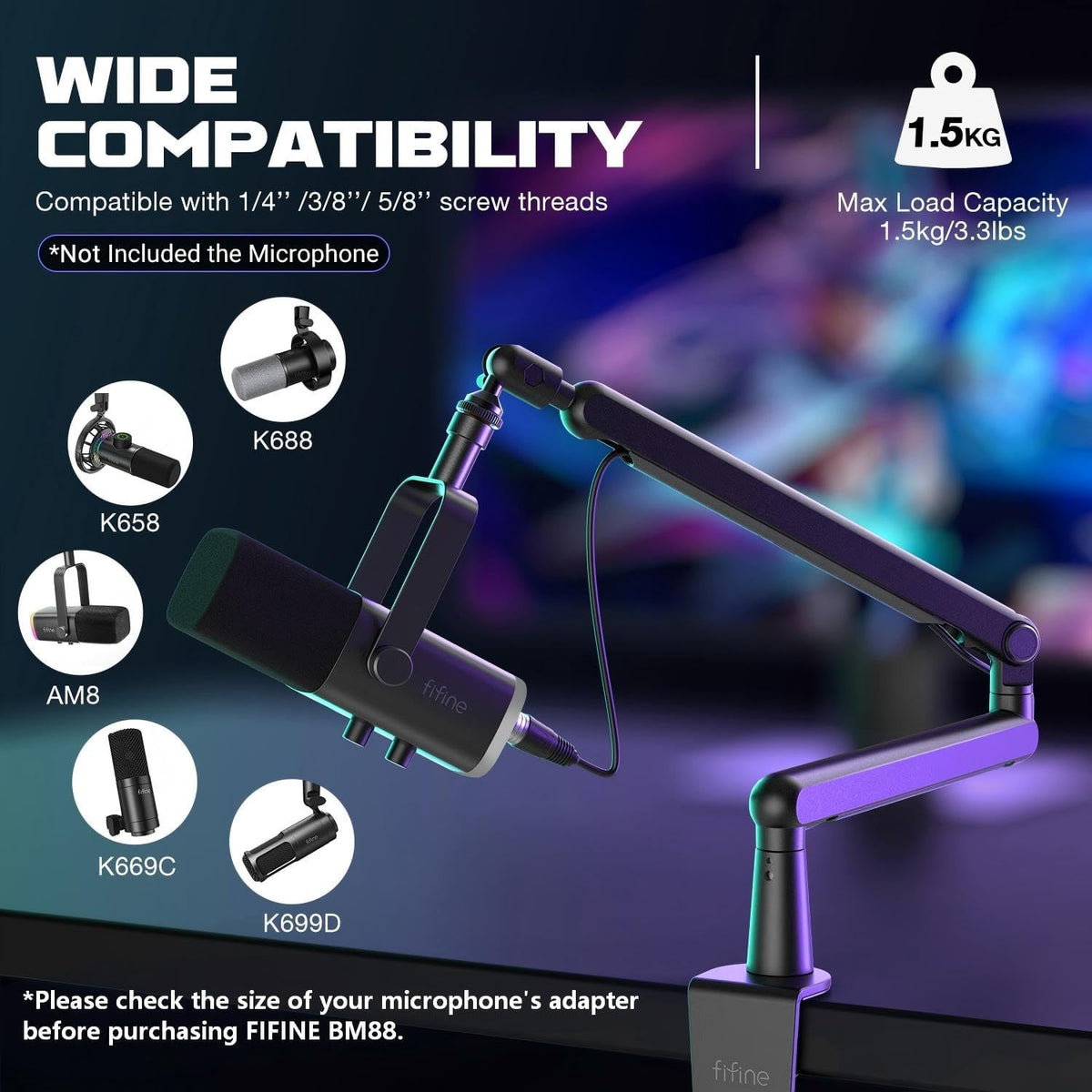 Microphone Boom Arm, Low Profile Adjustable Stick Microphone Arm Stand with Desk Mount Clamp, Screw - photo 4
