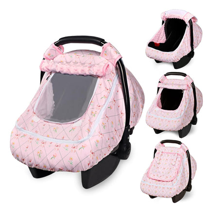 Car Seat Cover Baby Girls, Infant Carseat Covers with Mesh, Dual-Layer Protection for Summer Winter, Easy Access Newborn Canopy Breathable, Windproof & Fit Baby Stroller, Flower Bow
