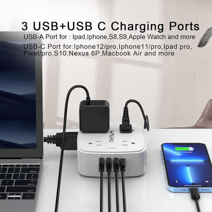 5Ft Surge Protector Power Strip - 8 Widely Outlets with 4 USB Ports, 3 Side Outlet Extender with 5 Feet Extension Cord, Flat Plug, Wall Mount, Desk USB Charging Station, ETL,White