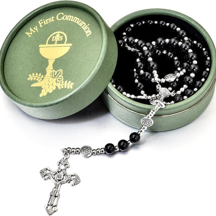 Merroyal Glass Pearl First Communion Rosary with Chalice Centerpiece and Ornate Crucifix, Boys and Girls, Includes Holy Cup Metal Gift Box and Satin Drawstring Bag