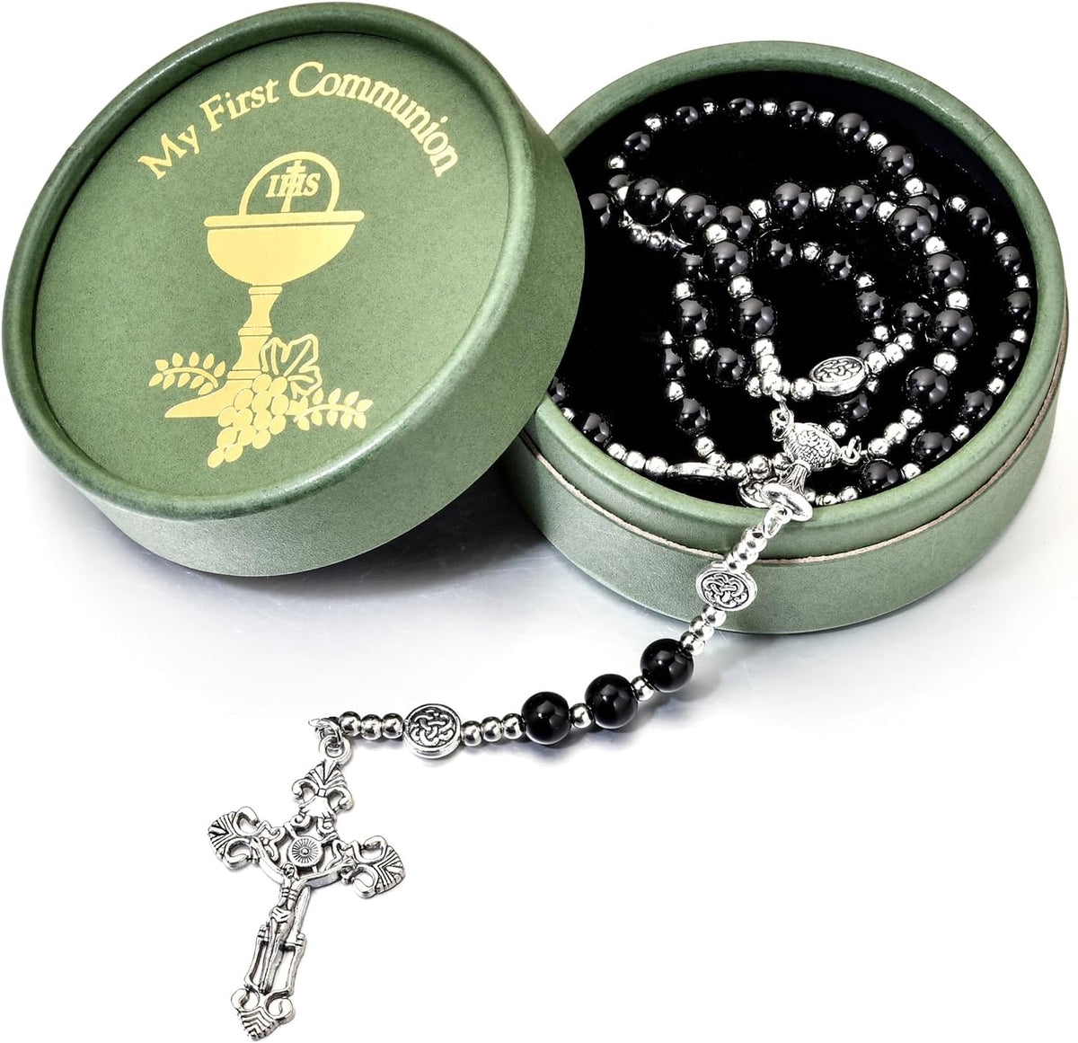 Glass Pearl First Communion Rosary with Chalice Centerpiece and - photo 4