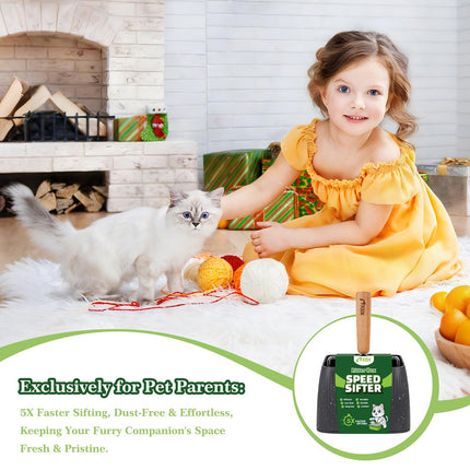 Pala para arena de gato con soporte, cernidor resistente, pala de acero inoxidable, mango de madera de haya y base lavable, para limpiar el arenero