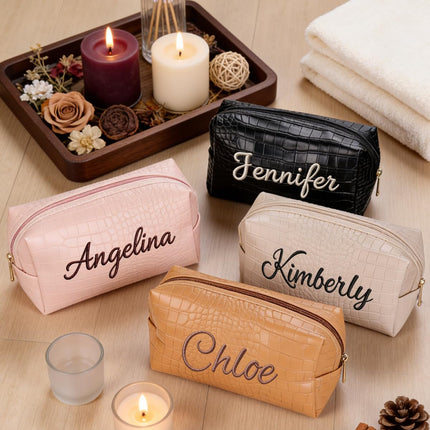 Personalized Makeup Bag for Women Girls, Crocodile Pattern Leather Cosmetic Bags Embroidered FREE NAME, Custom Small Travel Toiletry Organizer, Gifts for Birthday, Wedding, Mother's Day, Graduation