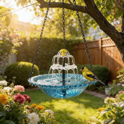 Solar Cascade Hanging Bird Bath Fountain with Solar Pump, Weatherproof & Easy to Maintain Outdoor Garden Decor, Large Capacity Hummingbird Bath Water Feature for Patio & Yard (Pink & Blue) (Blue)