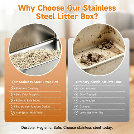 Stainless Steel Cat Litter Box Sturdy Metal Pan for Cats and Pets