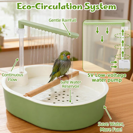 Parrot Shower for Cage, Automatic Parakeet Bird Bath with Circulating Water, USB Charging Quiet Pump Detachable Bathtub, for Small & Medium Birds Budgie, Cockatiel, Lovebird, Conure, Parrotlet, Quaker