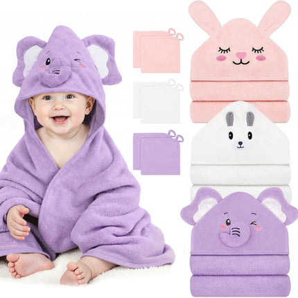 CandyHome 9 PCS Baby Bath Towels for Infants Toddlers, 3 PCS Animal Hooded Baby Towels & 6 PCS Washcloths Set, Ultra Absorbent Soft Cute Newborn Bath Essentials Gifts for Boys & Girls