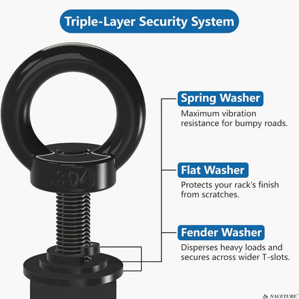 NACETURE M8 T Track Bolts Eye Bolt Tie Down Anchors, Stainless Steel 304 T Slot Hardware with Ring, Heavy Duty Roof Rack Accessories for Cargo Tie Down, Truck Bed (Black M8 30mm 4 Pack)
