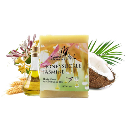 Sunshine & K Handmade Soaps Honeysuckle Jasmine - Body & Hand Soap Bar, Handmade Bath Soap, Moisturizing Bar Soap With Beeswax, Rice Bran Oil, & Natural Base Oils, Soap Bars, 5 oz