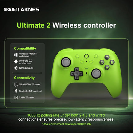 8BitDo Ultimate 2 Wireless Controller for Windows, Android,Steam Deck, TMR Joysticks, 1000Hz Polling Rate, Tactile/Hall Triggers, Motion Control, Programmable Back Paddle Buttons & L4/R4 Bumpers,Green