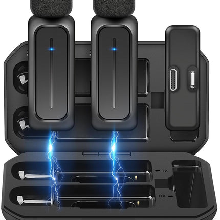 2 Pcs Wireless Lavalier Microphone for iPhone iPad Android with Charging Case 7H Clip on Lapel Microphone Wireless for Video Recording Vlogging, YouTube, Interview, 3 Mode Denoise, 70ft